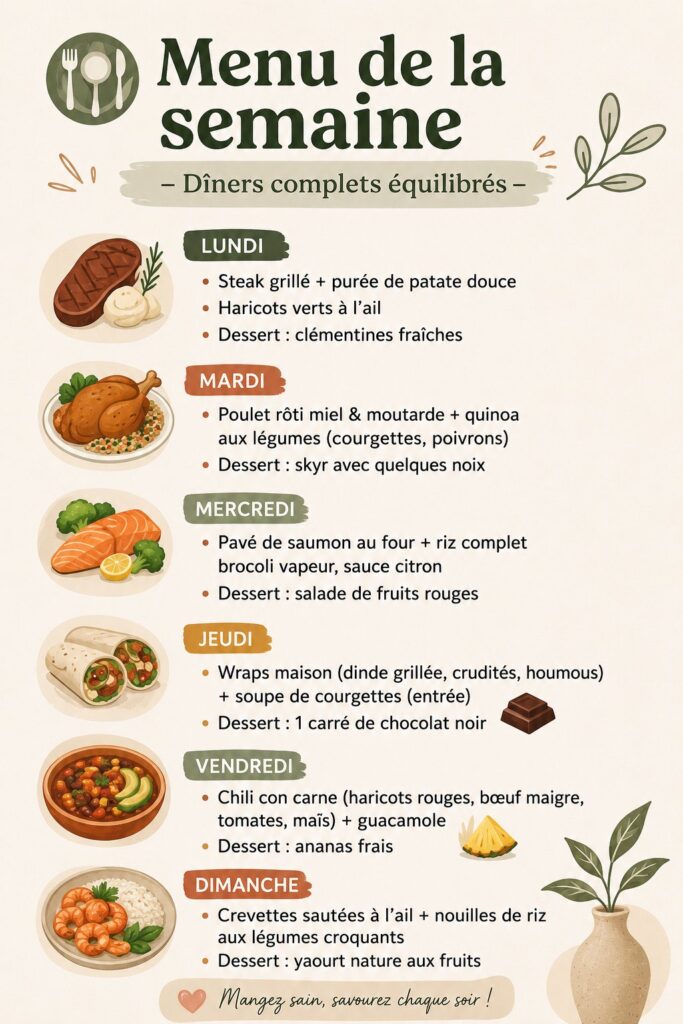 Menu de la semaine avec dîners équilibrés et sains