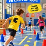 Femme s'amusant lors d'une séance de gym inspirée de Pac-Man, en train de pratiquer des mouvements ludiques.