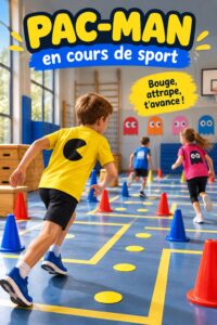 Femme s'amusant lors d'une séance de gym inspirée de Pac-Man, en train de pratiquer des mouvements ludiques.