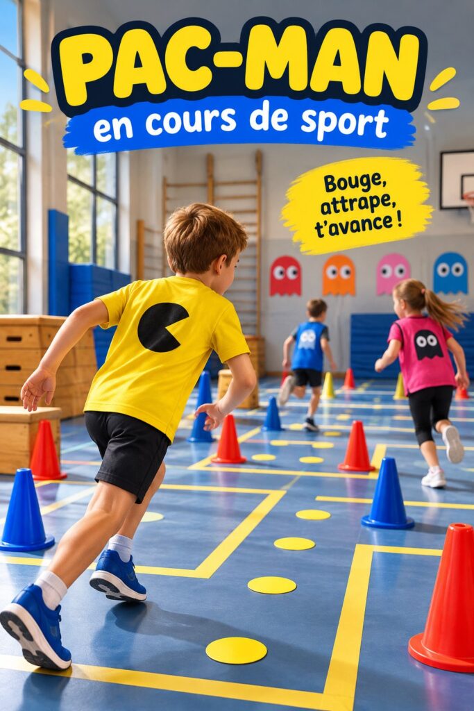 Femme s'amusant lors d'une séance de gym inspirée de Pac-Man, en train de pratiquer des mouvements ludiques.