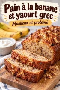 Pain aux bananes moelleux avec du yaourt grec, servi sur une assiette colorée