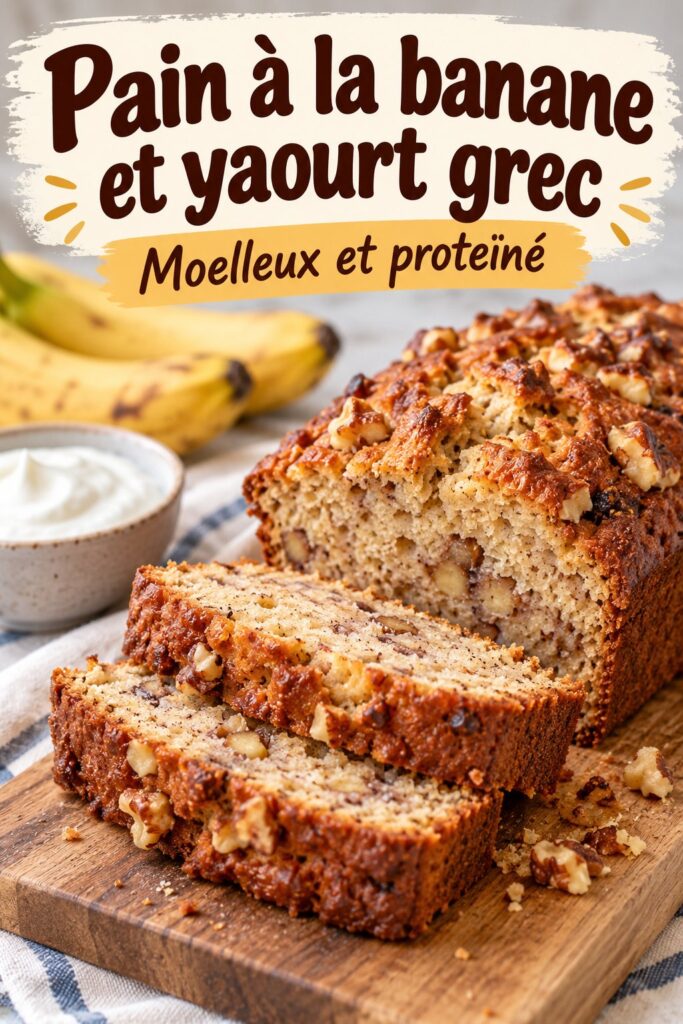 Pain aux bananes moelleux avec du yaourt grec, servi sur une assiette colorée