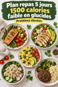 Un assiette colorée avec des repas équilibrés à 1500 calories, mettant en avant des légumes et des protéines.