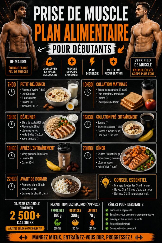 Un plan de repas coloré avec des aliments riches en protéines pour gagner du muscle.