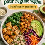 Assortiment de plats végétaliens riches en protéines, comprenant des légumineuses et des légumes.