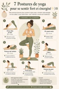 Femme pratiquant le yoga doux au lever du soleil, se sentant forte et énergisée.