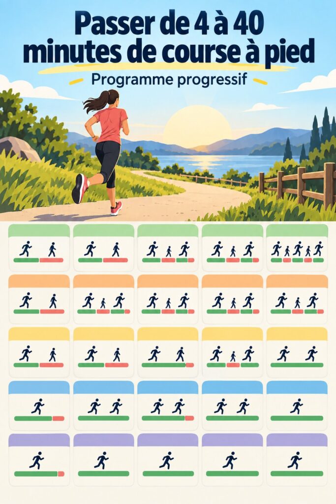 Femme courant dans un parc, représentative d'un programme de course progressif.