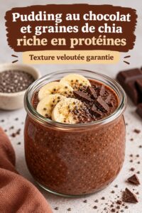 Pudding au chocolat garnie de fruits et graines de chia, idéal pour un dessert nutritif.