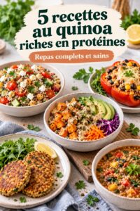 Assiette de recettes variées à base de quinoa, montrant des plats colorés et appétissants.