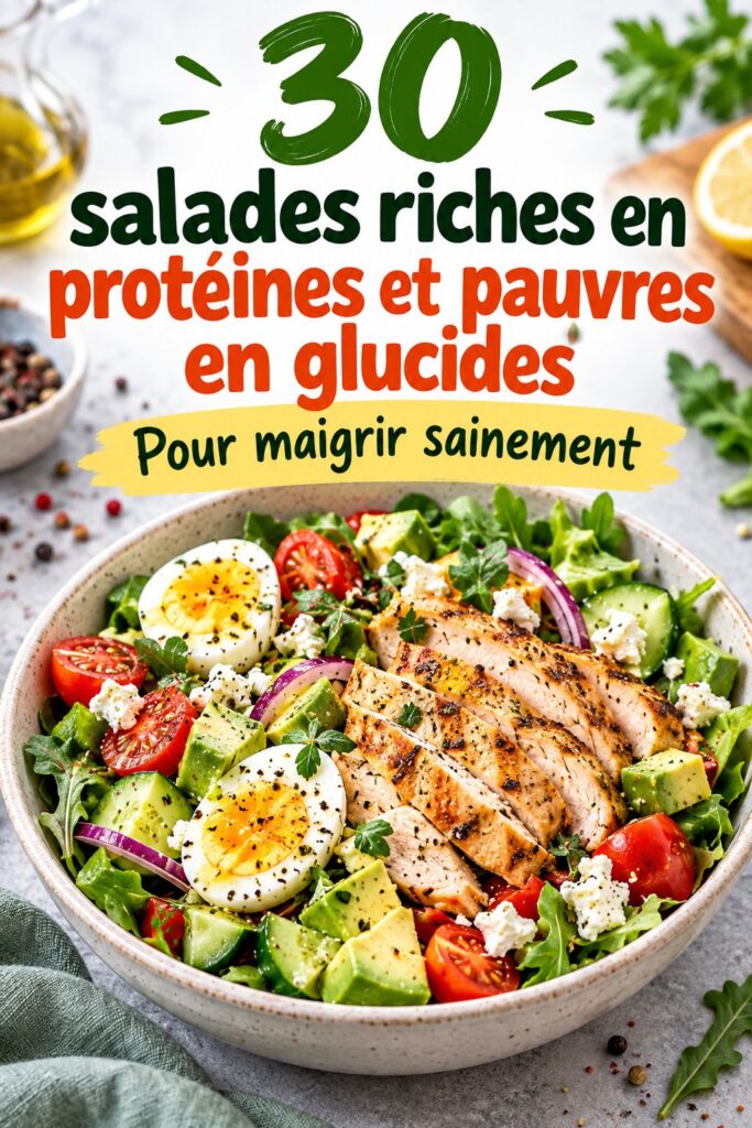 Une belle assiette de salade riche en protéines et pauvre en glucides, garnie de légumes frais et de poulet grillé.
