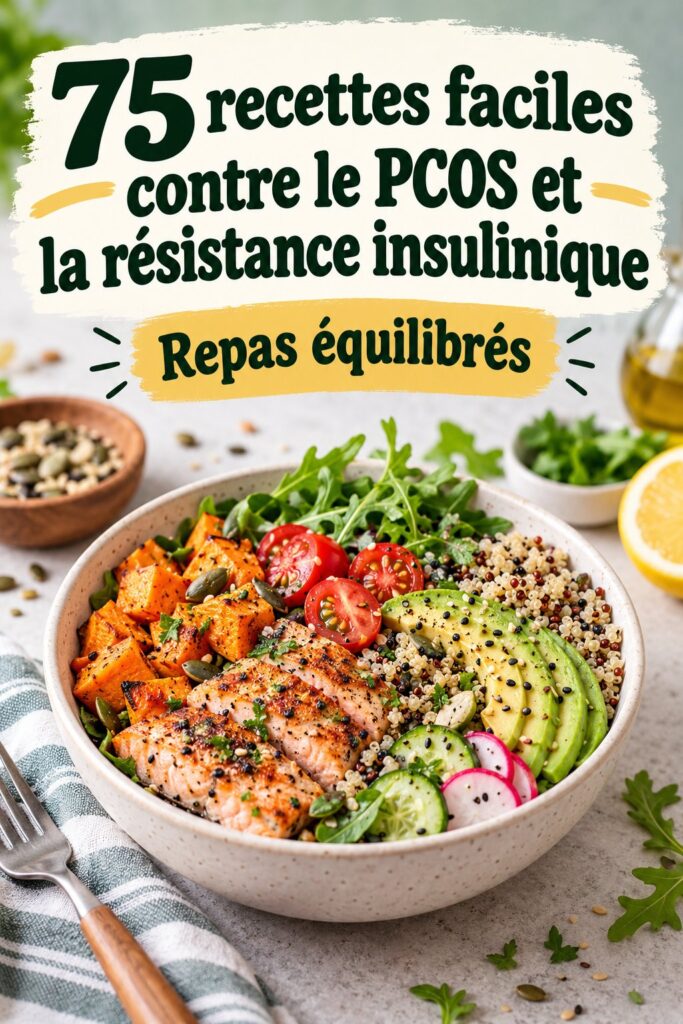 Recettes variées pour le SOPK et l'insulinorésistance sur une table, illustrant des plats sains et équilibrés.