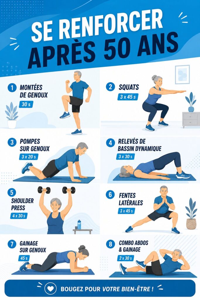 Femme de 50 ans pratiquant des exercices de renforcement musculaire à la maison.