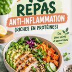 Table de cuisine illustrant des repas anti-inflammatoires riches en protéines, colorés et appétissants.