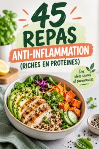 Table de cuisine illustrant des repas anti-inflammatoires riches en protéines, colorés et appétissants.