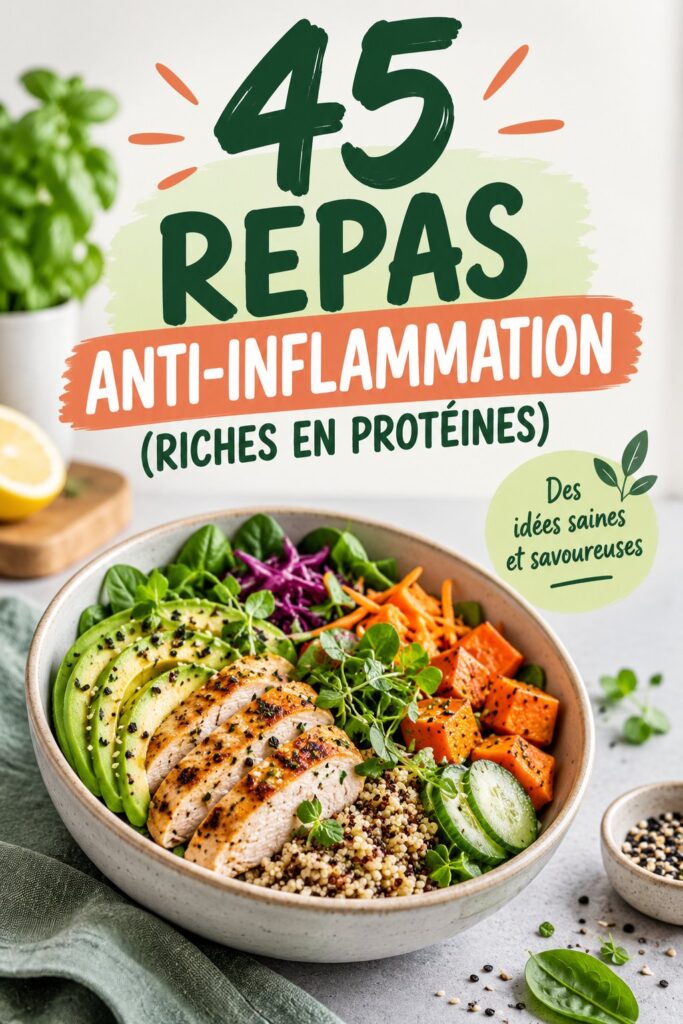 Table de cuisine illustrant des repas anti-inflammatoires riches en protéines, colorés et appétissants.