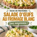 Salade d'œufs au fromage cottage haute en protéines, sans mayonnaise, servie dans un bol en bois.
