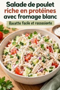 Salade de poulet avec fromage cottage et légumes frais, présentation colorée sur une assiette.