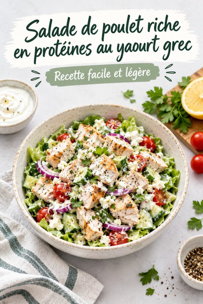 Salade de poulet haute en protéines avec yaourt grec, présentée dans un bol coloré.