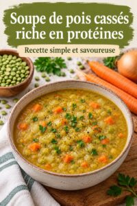 Soupe aux pois cassés bien chaude servie dans un bol avec des herbes fraîches en garniture.