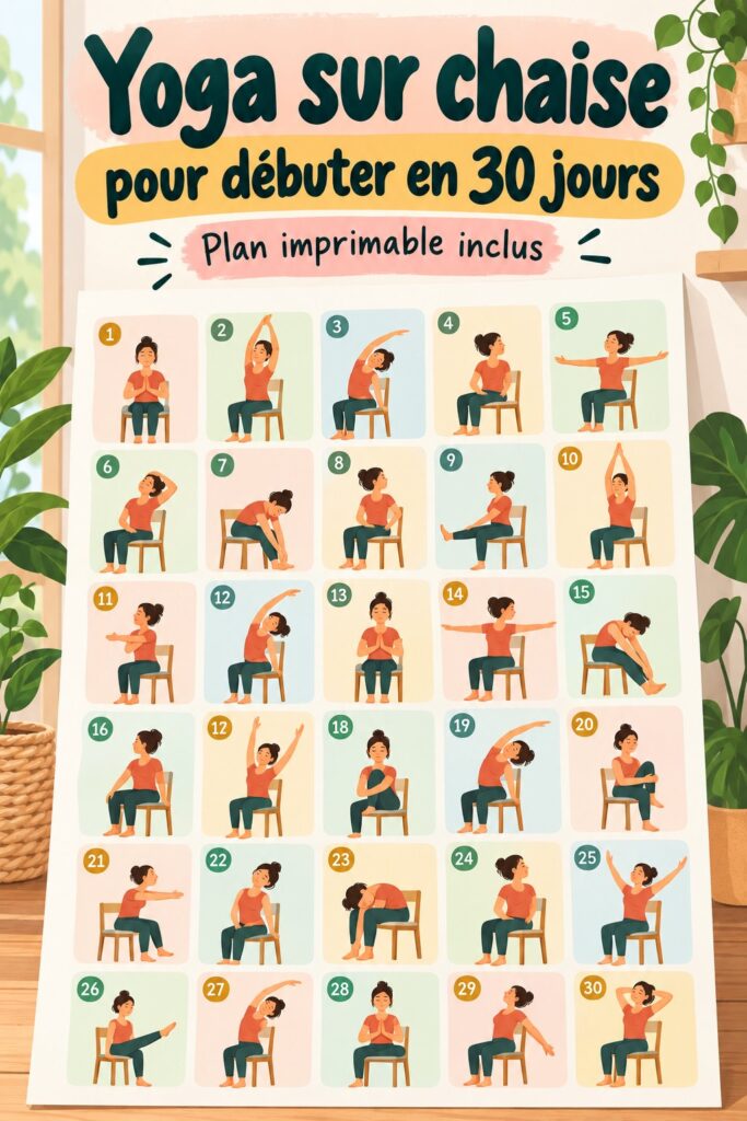 Femme pratiquant le yoga sur chaise dans un salon lumineux