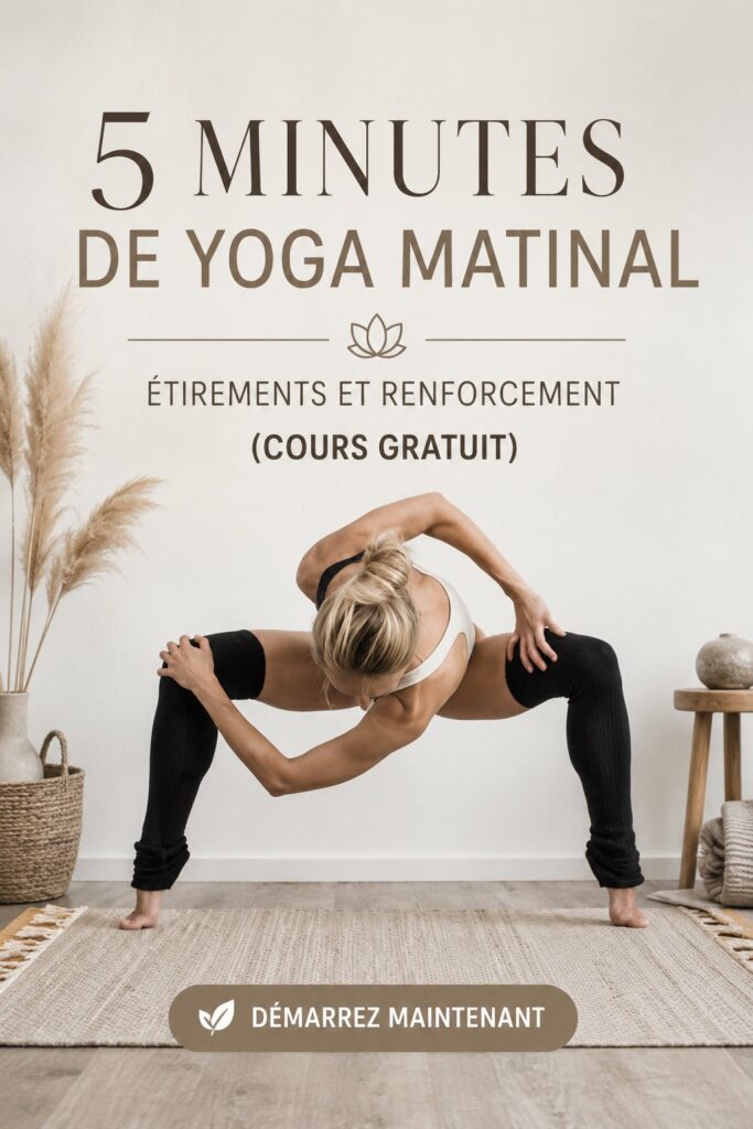 Femme pratiquant le yoga matinal sur un tapis dans un environnement serein.